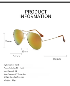 Close-up of lightweight aviator sunglasses with orange gradient lenses and size specs