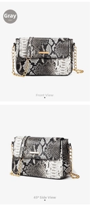 Dual view of grey snakeskin crossbody bag with gold chain and metal hardware detail