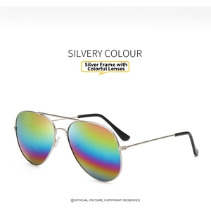 Close-up of aviator sunglasses with silver metal frame and colorful reflective mirror lenses