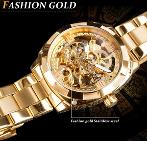 Macro shot of gold stainless steel skeleton watch dial with Roman numerals and gears