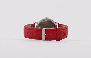 Detail of red leather watch strap and silver metal case back with pin buckle design