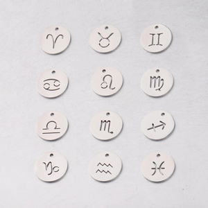 Set of 12 circular zodiac pendants in polished stainless steel for DIY jewelry making