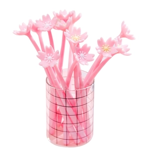 Pink cherry blossom gel pens with soft silicone grip in a black mesh holder
