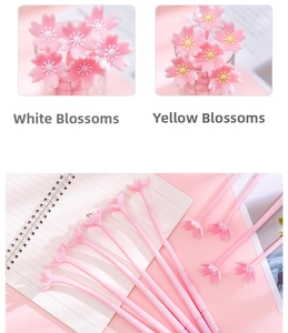 Detail of pink cherry blossom gel pens with soft silicone grips and flower top accents