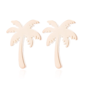 Macro shot of rose gold palm tree earrings with reflective finish on white background