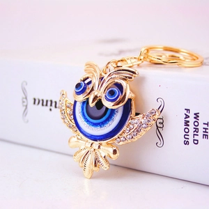 Vintage Cute Owl Keychain Evil Eye Rhinestone Inlaid Alloy Keyring Pendant For Women Bags Handbag Decoration Gold Blue