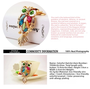 Detailed view of colorful rhinestone owl keychain with gold finish for bags and keys