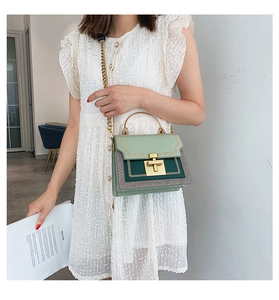 Fashionable green leather crossbody bag with chain strap shown on model in soft light