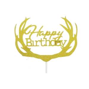 Golden glittery deer horn Happy Birthday cake topper on white stick for party decoration