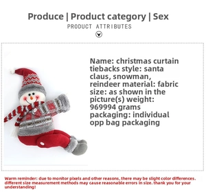 Detailed specifications of fabric Christmas curtain tiebacks in Santa, Snowman, and Elk styles