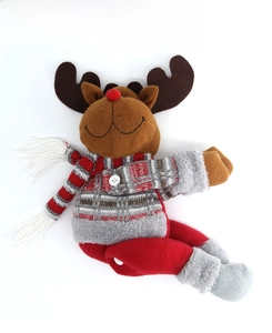 Detail of Christmas reindeer plush doll featuring a red nose and festive knitted sweater