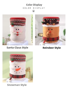 Detailed view of three festive Christmas water dispenser covers with Santa, elk and snowman