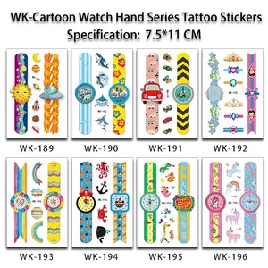 Detailed grid showing eight styles of cartoon watch temporary tattoos for kids 7.5x11cm