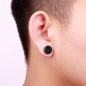 Men's black magnetic stud earring in round punk style made of surgical titanium steel