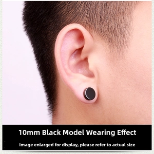 Detail showing the 10mm black magnetic stainless steel stud earring worn on the earlobe