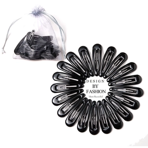 Detailed set of black BB hair clips arranged in a circle with a sheer drawstring storage bag