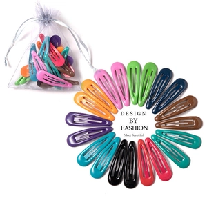 Colorful candy-colored metal snap hair clips set with grey organza storage bag