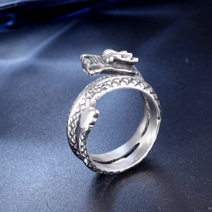 Silver dragon-shaped stainless steel ring for men with detailed dragon scales and head engraving