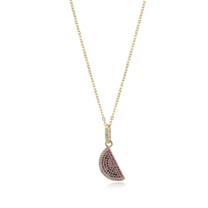 Gold-plated watermelon slice necklace with colorful cubic zirconia stones and O-chain link