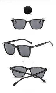 Three perspectives of square black sunglasses with grey lenses and rivet details