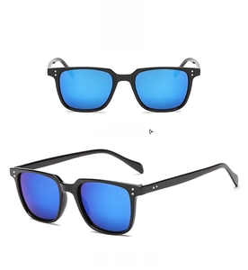 Front and 45-degree side views of black square frame sunglasses with blue mirrored lenses