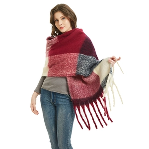 Women's thick plaid scarf with tassels in red, white, blue and grey knitted pattern