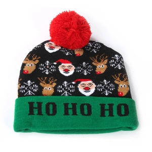 Christmas knit hat with LED lights, pompom, and festive Santa Claus and reindeer patterns