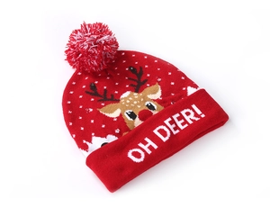 Detail of red Christmas knit hat featuring LED lights, reindeer design and OH DEER text