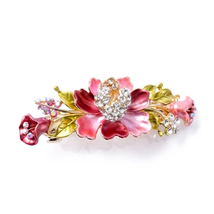 Vintage butterfly hair clip with pink flowers, gold alloy, and sparkling rhinestones