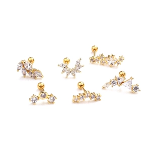 Set of 6 gold stainless steel leaf and star stud earrings with white cubic zirconia