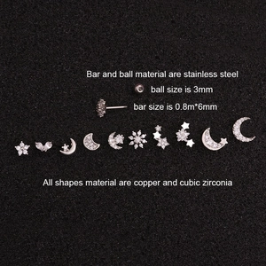 Set of 10 minimalist stainless steel and cubic zirconia ear studs in star moon shapes