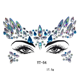Detailed pattern of iridescent and blue rhinestones face gems with tear-drop shapes