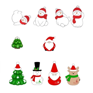 Flat Christmas sticker set with snowman, Santa, and reindeer illustrations on white backdrop