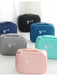 Detailed grid view of six-color nylon cosmetic bags with handles and top zipper