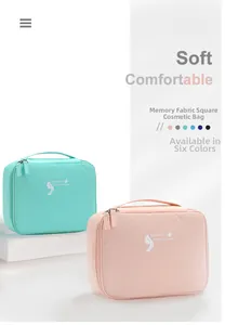 Detail of square travel cosmetic bags in mint green and pink with top handles