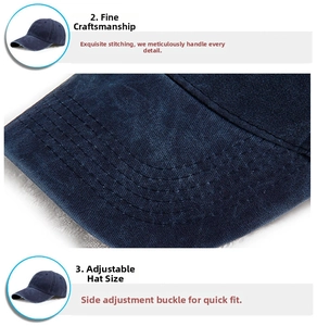 Details einer Vintage Denim-Baseballkappe mit feinen Nähten und verstellbarem Riemenverschluss