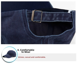 Detailansicht der verstellbaren Bronzemetallschnalle an einer dunkelblauen Jeans-Baseballkappe