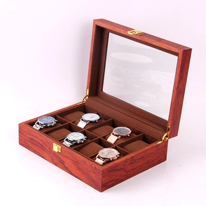 Boîte de montre vintage en acajou à 10 fentes avec couvercle en verre transparent