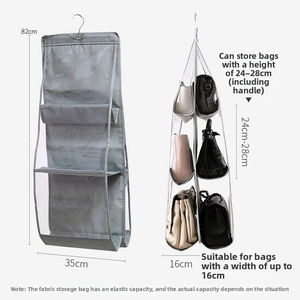 Detailed dimensions of a grey 6-pocket hanging handbag organizer with clear PVC windows