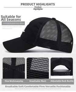 Detail of black mesh trucker hat showing breathable net, stitching and adjustable strap