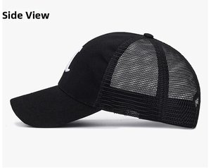 Side view of black mesh trucker hat featuring a white embroidered letter C on front