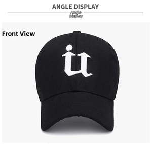 Front view of black mesh baseball cap featuring 3D white embroidered letter U detail