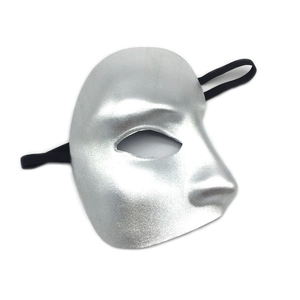 Phantom of the Opera style silver half face mask with black elastic strap for masquerade