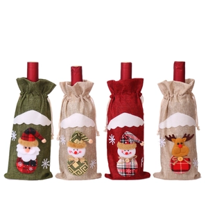 Set of 4 Christmas burlap wine bottle covers featuring Santa, snowman, and reindeer figures
