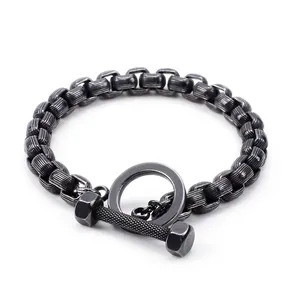 Men Bracelet 316L Stainless Steel Dumbbell Barbell Toggle Clasp Matte Black Industrial Punk Fitness Style Jewelry
