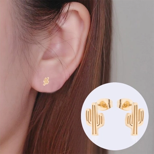 Minimalist golden stainless steel cactus earrings featuring a hollow outline design