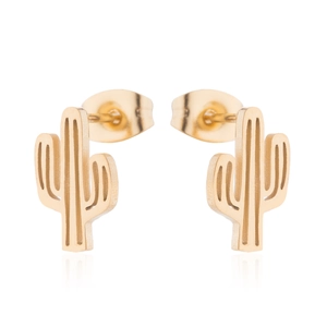 Close-up of golden cactus earrings with brushed metal texture on white background