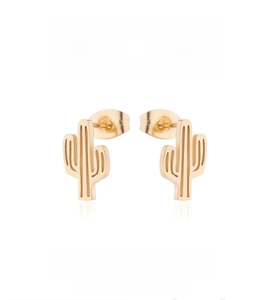 Detail view showing textured cactus stud earrings in golden minimalist style finish