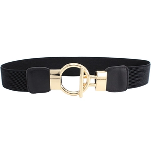 Ceinture élastique noire de 4cm pour femme avec boucle dorée ronde sur fond blanc uni