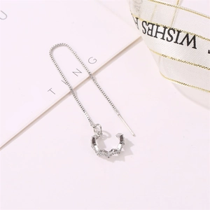 Silver geometric tassel earrings with sparkling zircon stones and long linear ear threads